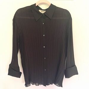 Elegant Black Pleated Button Down Women's Top Blouse Long Sleeve Size L